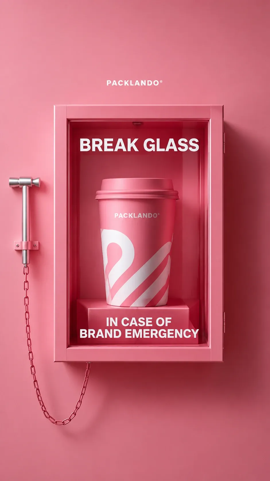 Anzeigenmotiv: ein pinker Notfallkasten an der Wand, darin ein bedruckter Becher, daneben ein Hammer an der Kette